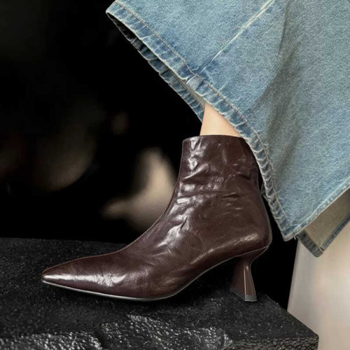 牛皮版~秋冬新款褶皺方頭瘦瘦靴細跟高跟真皮裸靴後拉鍊短靴女