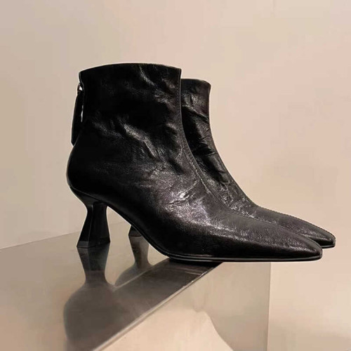 牛皮版~秋冬新款褶皺方頭瘦瘦靴細跟高跟真皮裸靴後拉鍊短靴女