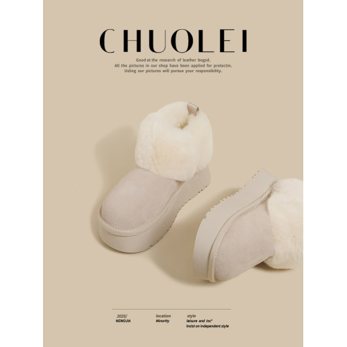 超火冬季新款厚底加絨小香風毛毛棉鞋女白色絨面一腳蹬時尚雪地靴