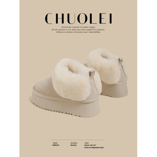 超火冬季新款厚底加絨小香風毛毛棉鞋女白色絨面一腳蹬時尚雪地靴