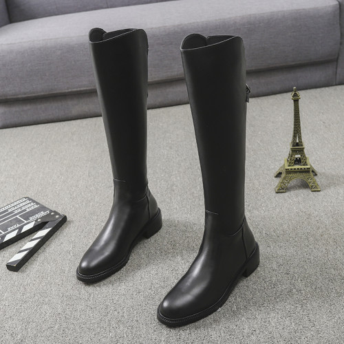 歐洲站2025秋冬真皮不過膝長靴粗跟後拉鍊高筒靴圓頭新款騎士靴女