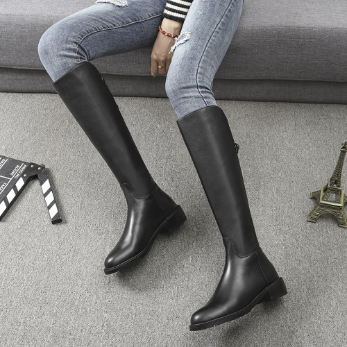 歐洲站2025秋冬真皮不過膝長靴粗跟後拉鍊高筒靴圓頭新款騎士靴女