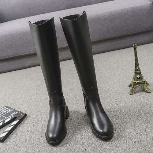 歐洲站2025秋冬真皮不過膝長靴粗跟後拉鍊高筒靴圓頭新款騎士靴女