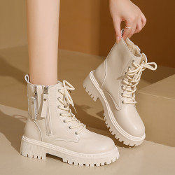 馬丁靴女款2025新款英倫風冬季厚底白色短靴配裙子大碼高幫靴子女