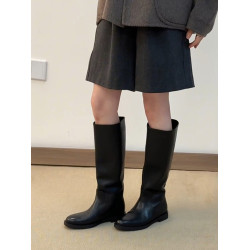 牛皮版~黑色高筒靴女新款百搭圓頭顯瘦氣質粗跟長靴不過膝騎士靴