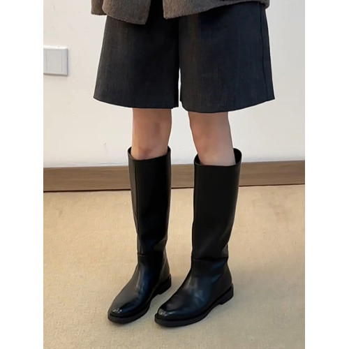 牛皮版~黑色高筒靴女新款百搭圓頭顯瘦氣質粗跟長靴不過膝騎士靴 牛皮版~黑色高筒靴女新款百搭圓頭顯瘦氣質粗跟長靴不過膝騎士靴