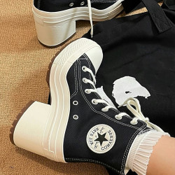 高幫粗跟厚底短筒帆布鞋女2026年秋季新款潮流系帶增高百搭時裝靴