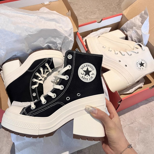 高幫粗跟厚底短筒帆布鞋女2026年秋季新款潮流系帶增高百搭時裝靴 高幫粗跟厚底短筒帆布鞋女2026年秋季新款潮流系帶增高百搭時裝靴