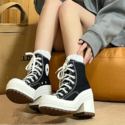 高幫粗跟厚底短筒帆布鞋女2026年秋季新款潮流系帶增高百搭時裝靴 高幫粗跟厚底短筒帆布鞋女2026年秋季新款潮流系帶增高百搭時裝靴