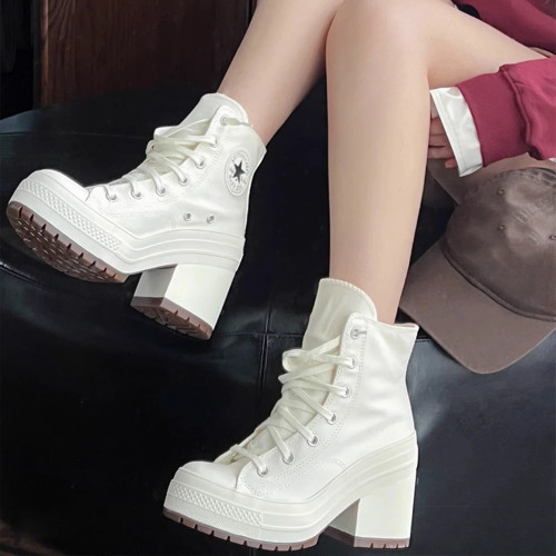 高幫粗跟厚底短筒帆布鞋女2026年秋季新款潮流系帶增高百搭時裝靴 高幫粗跟厚底短筒帆布鞋女2026年秋季新款潮流系帶增高百搭時裝靴