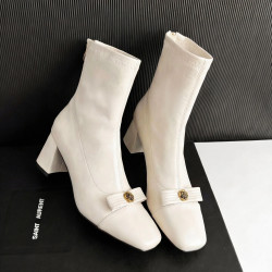 白色方頭彈力瘦瘦靴短靴秋冬新款粗跟法式小香風山茶花蝴蝶結女靴