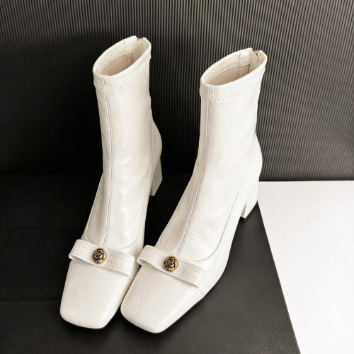 白色方頭彈力瘦瘦靴短靴秋冬新款粗跟法式小香風山茶花蝴蝶結女靴