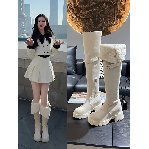 2025新款秋冬加絨保暖長筒靴過膝高筒靴子內增高厚底高跟白色長靴
