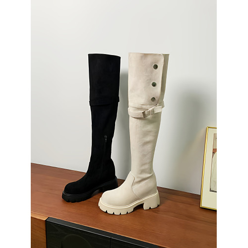 2025新款秋冬加絨保暖長筒靴過膝高筒靴子內增高厚底高跟白色長靴