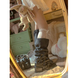 pinkyo原創蝴蝶結綁帶牛仔拼接中筒高跟靴甜酷少女復古堆堆馬丁靴