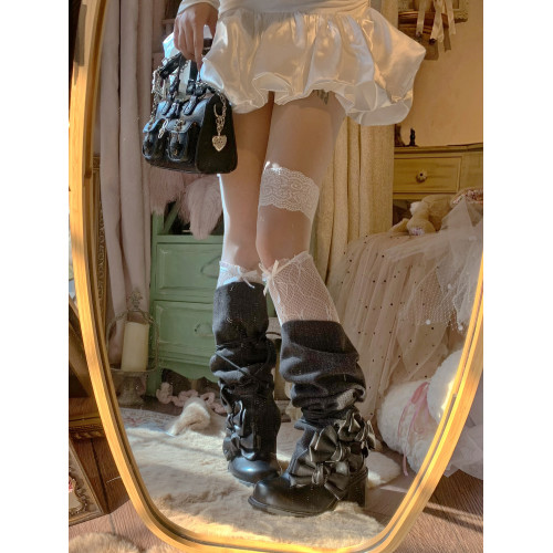 pinkyo原創蝴蝶結綁帶牛仔拼接中筒高跟靴甜酷少女復古堆堆馬丁靴 pinkyo原創蝴蝶結綁帶牛仔拼接中筒高跟靴甜酷少女復古堆堆馬丁靴