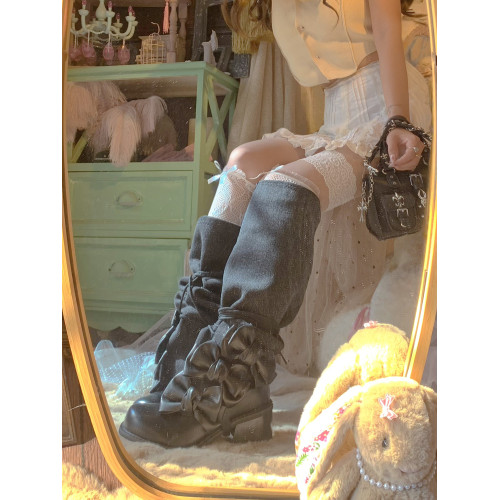 pinkyo原創蝴蝶結綁帶牛仔拼接中筒高跟靴甜酷少女復古堆堆馬丁靴 pinkyo原創蝴蝶結綁帶牛仔拼接中筒高跟靴甜酷少女復古堆堆馬丁靴