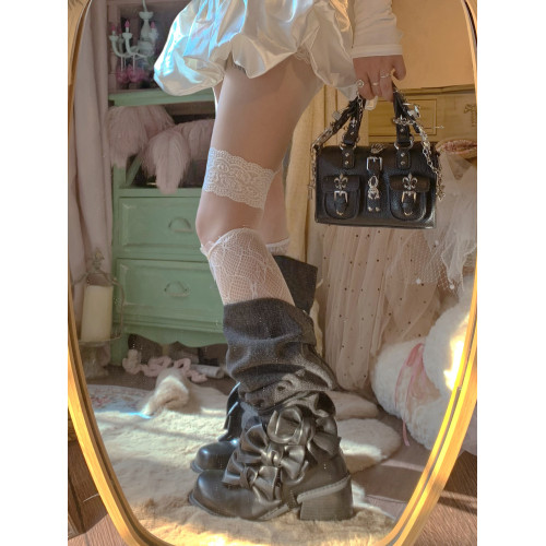 pinkyo原創蝴蝶結綁帶牛仔拼接中筒高跟靴甜酷少女復古堆堆馬丁靴 pinkyo原創蝴蝶結綁帶牛仔拼接中筒高跟靴甜酷少女復古堆堆馬丁靴