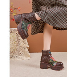 復古百搭民族風真皮綉花女靴子秋冬時尚休閒防水台厚底粗高跟短靴