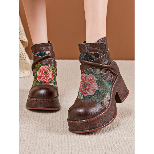 復古百搭民族風真皮綉花女靴子秋冬時尚休閒防水台厚底粗高跟短靴 復古百搭民族風真皮綉花女靴子秋冬時尚休閒防水台厚底粗高跟短靴