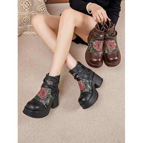 復古百搭民族風真皮綉花女靴子秋冬時尚休閒防水台厚底粗高跟短靴 復古百搭民族風真皮綉花女靴子秋冬時尚休閒防水台厚底粗高跟短靴
