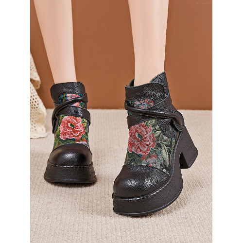 復古百搭民族風真皮綉花女靴子秋冬時尚休閒防水台厚底粗高跟短靴 復古百搭民族風真皮綉花女靴子秋冬時尚休閒防水台厚底粗高跟短靴