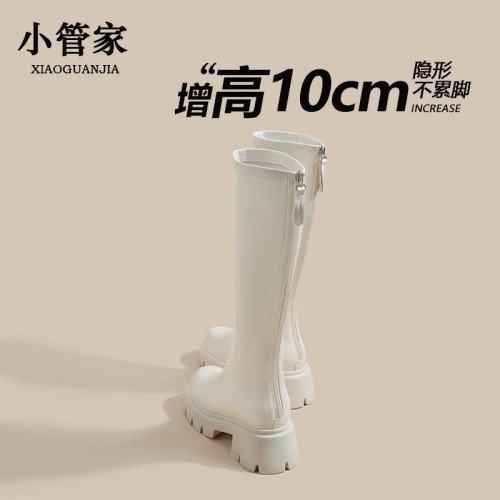 秋冬季白色靴子女騎士靴不過膝長筒靴高跟小個子內增高後拉鍊長靴