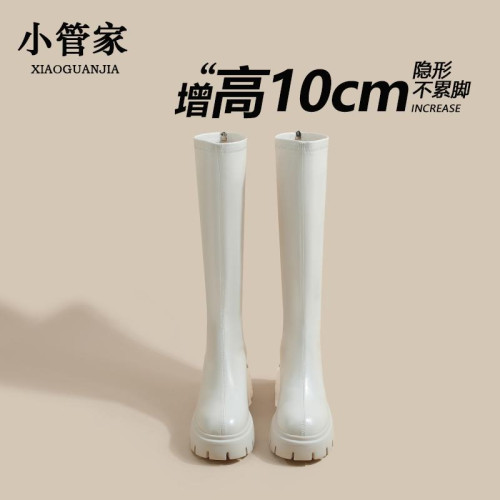 秋冬季白色靴子女騎士靴不過膝長筒靴高跟小個子內增高後拉鍊長靴