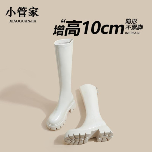 秋冬季白色靴子女騎士靴不過膝長筒靴高跟小個子內增高後拉鍊長靴
