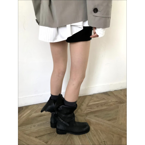 牛皮版~韓國小衆繙蓋兩穿堆堆靴女皮帶釦機車馬丁靴中筒西部靴潮