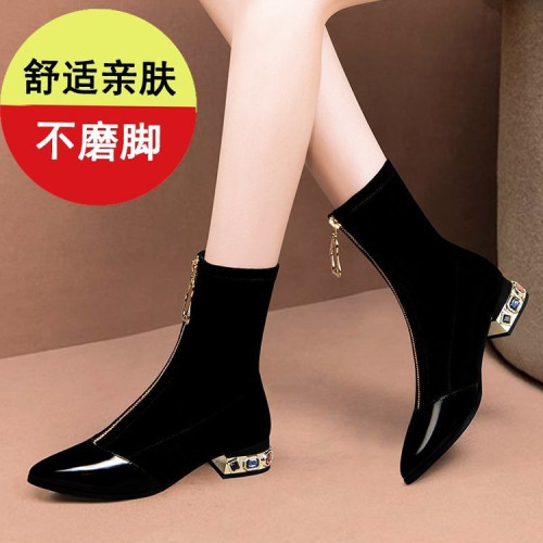 35-42大碼女鞋新款女靴絨面靴子女休閒春秋冬中筒時裝靴中跟粗跟