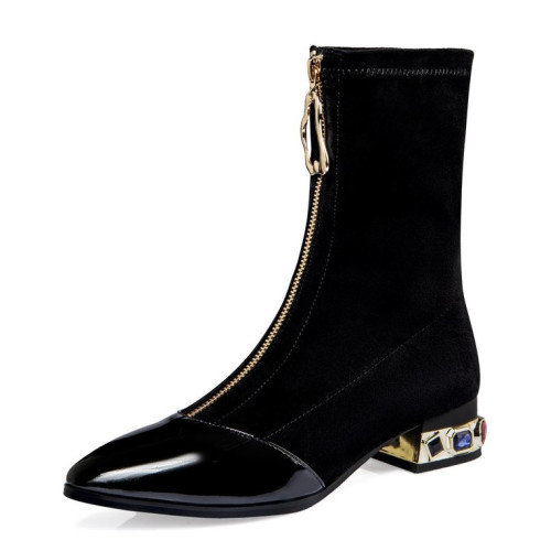 35-42大碼女鞋新款女靴絨面靴子女休閒春秋冬中筒時裝靴中跟粗跟