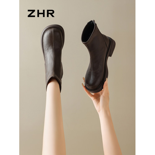ZHR短靴女2025秋冬新款粗跟厚底馬丁靴英倫風百搭切爾西瘦瘦靴爆