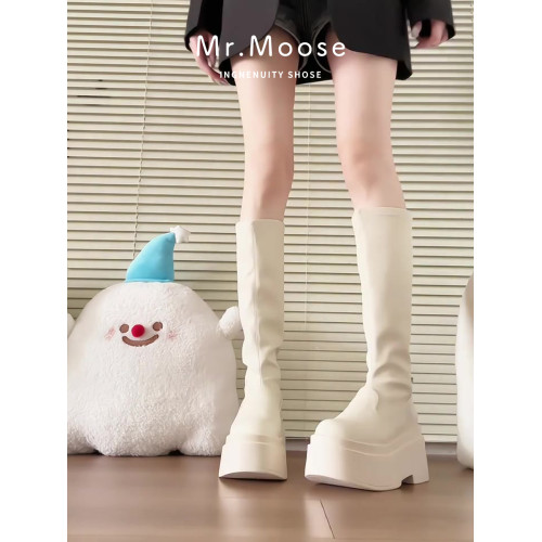 厚底增高騎士靴女2026新款秋冬白色長筒靴小個子高筒靴真皮瘦瘦靴