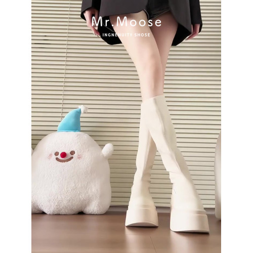厚底增高騎士靴女2026新款秋冬白色長筒靴小個子高筒靴真皮瘦瘦靴