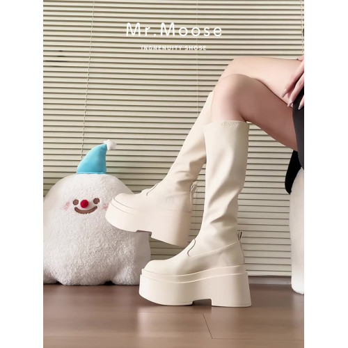 厚底增高騎士靴女2026新款秋冬白色長筒靴小個子高筒靴真皮瘦瘦靴