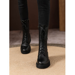 2025新款圓頭側拉鍊中筒馬丁靴女厚底真皮復古切爾西系帶加絨短靴