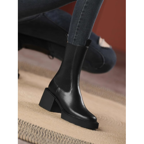 2025新款圓頭側拉鍊中筒馬丁靴女厚底真皮復古切爾西系帶加絨短靴 2025新款圓頭側拉鍊中筒馬丁靴女厚底真皮復古切爾西系帶加絨短靴