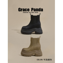 香港GP2025新款秋冬矮個子內增高9CM馬丁靴真皮厚底機車短筒靴女