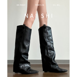 羊皮版！黑色直筒褲琯靴女不過膝尖頭騎士靴內增高長靴v口西部靴