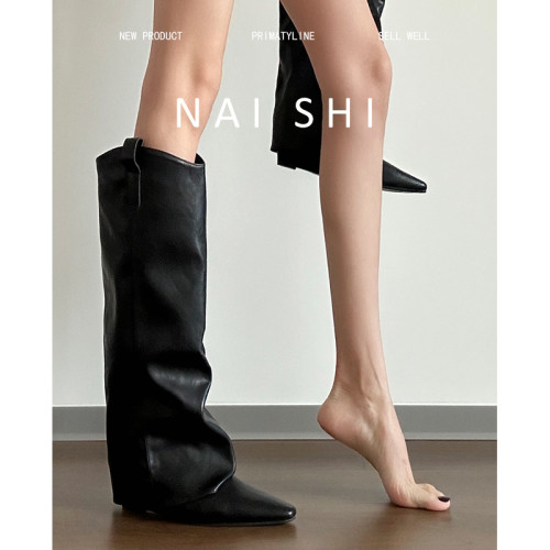 羊皮版！黑色直筒褲琯靴女不過膝尖頭騎士靴內增高長靴v口西部靴