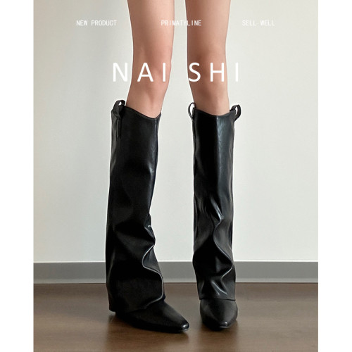 羊皮版！黑色直筒褲琯靴女不過膝尖頭騎士靴內增高長靴v口西部靴