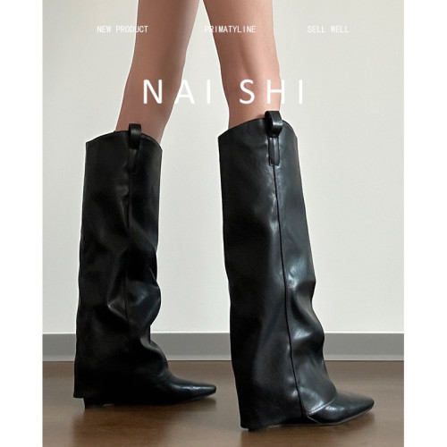 羊皮版！黑色直筒褲琯靴女不過膝尖頭騎士靴內增高長靴v口西部靴