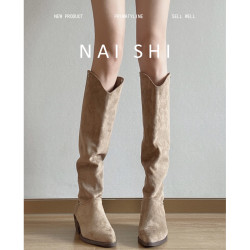 羊皮版！復古西部牛仔靴女v口尖頭瘦瘦靴堆堆長靴粗跟高筒騎士靴