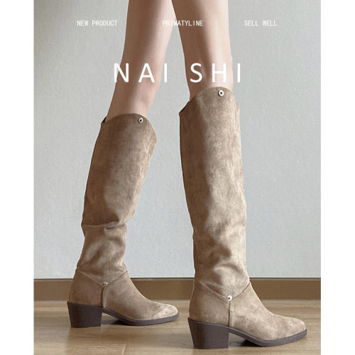 羊皮版！復古西部牛仔靴女v口尖頭瘦瘦靴堆堆長靴粗跟高筒騎士靴