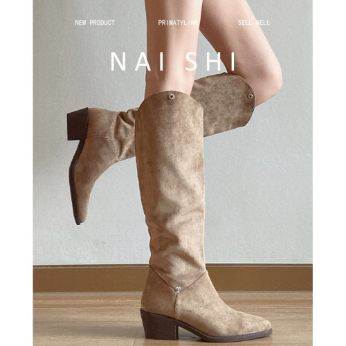 羊皮版！復古西部牛仔靴女v口尖頭瘦瘦靴堆堆長靴粗跟高筒騎士靴