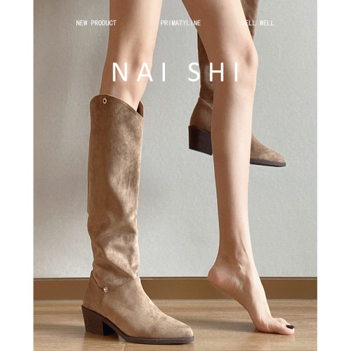 羊皮版！復古西部牛仔靴女v口尖頭瘦瘦靴堆堆長靴粗跟高筒騎士靴