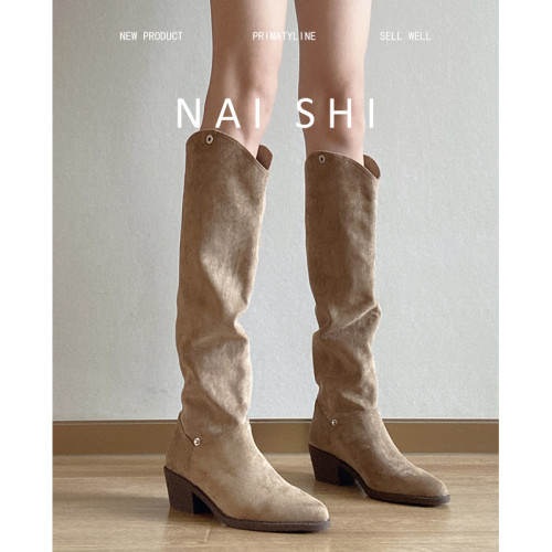 羊皮版！復古西部牛仔靴女v口尖頭瘦瘦靴堆堆長靴粗跟高筒騎士靴