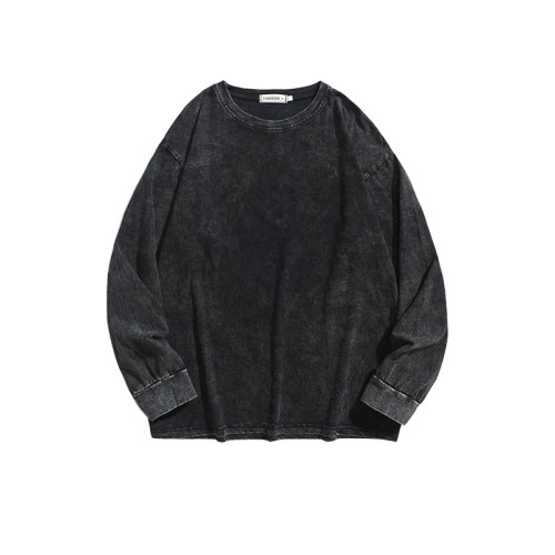 BOYUE帛躍春秋季長袖做舊水洗純棉T恤男潮純色復古打底衫日系內搭