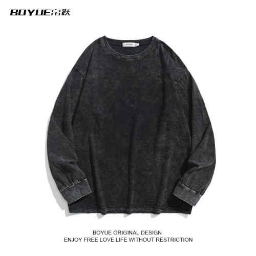BOYUE帛躍春秋季長袖做舊水洗純棉T恤男潮純色復古打底衫日系內搭